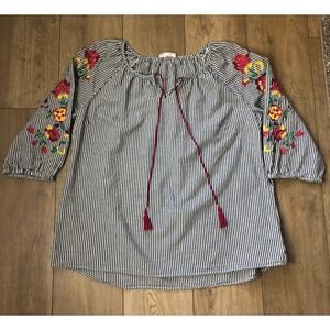 Westport Women's Shirt Top 2XL Striped Floral 3/4 Sleeve Scoop Neck Embroidered‎